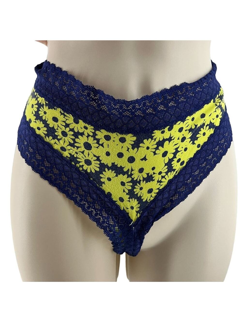 Victoria's Secret Neon Yellow Navy Floral Print Tanga Panty Lace Trim Size Large